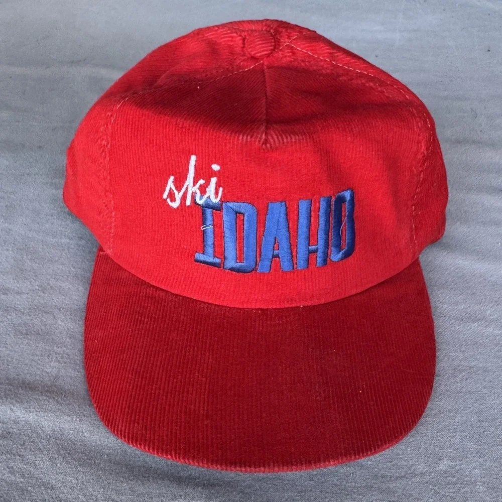 Ski Idaho Vintage 80s Corduroy Strapback Hat Cap Red Mountain‎ Adjustable